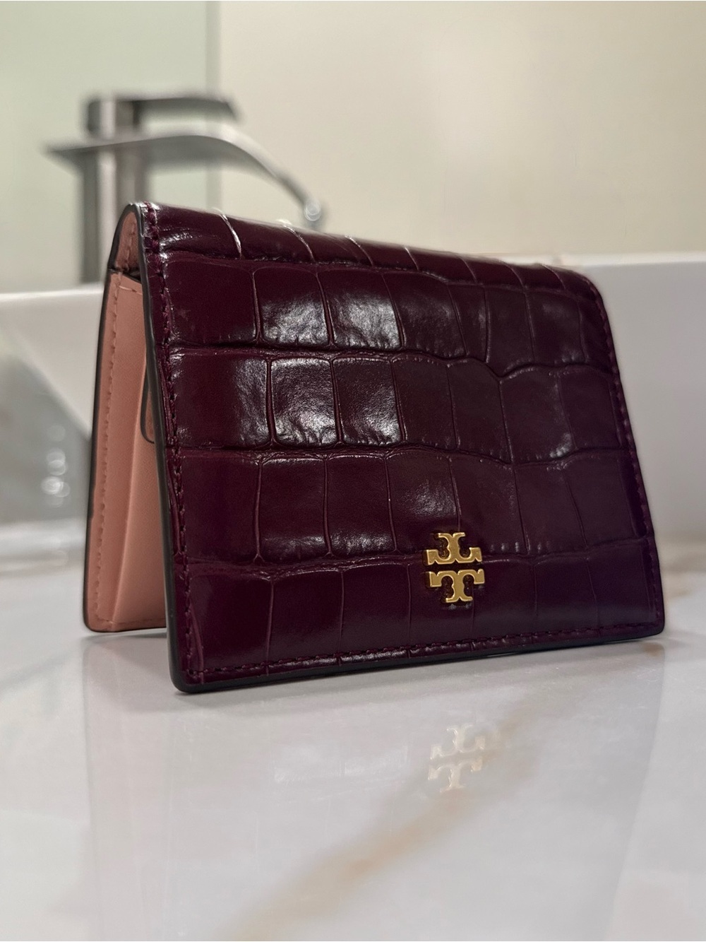 Tory Burch Croc-Embossed Leather Compact Bifold Wallet (Deep Plum / Blush Pink)